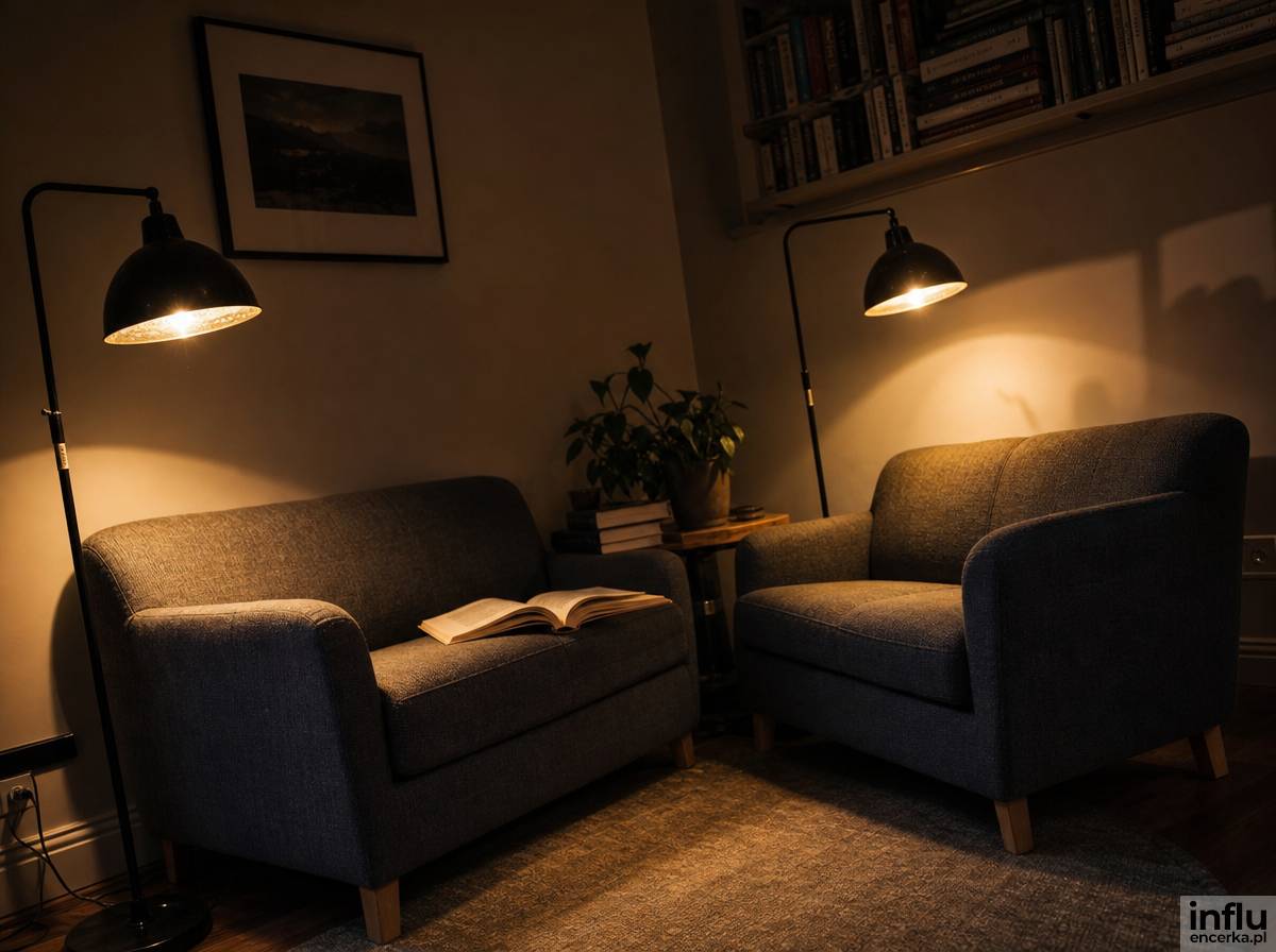 Kącik czytelniczy z dwiema mniejszymi, dwuosobowymi sofami i lampami