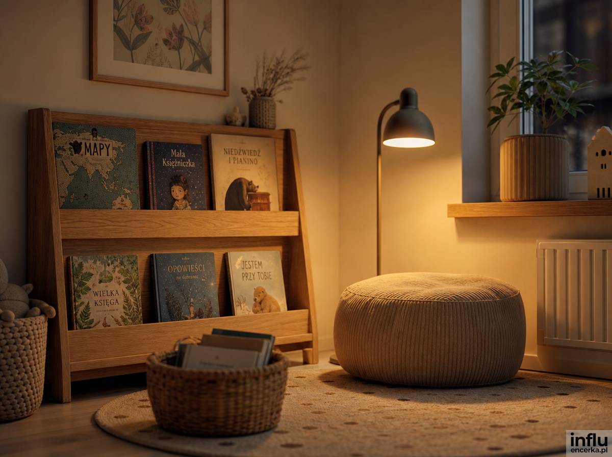 Kącik czytelniczy z niską biblioteczką w pokoju 2-latka