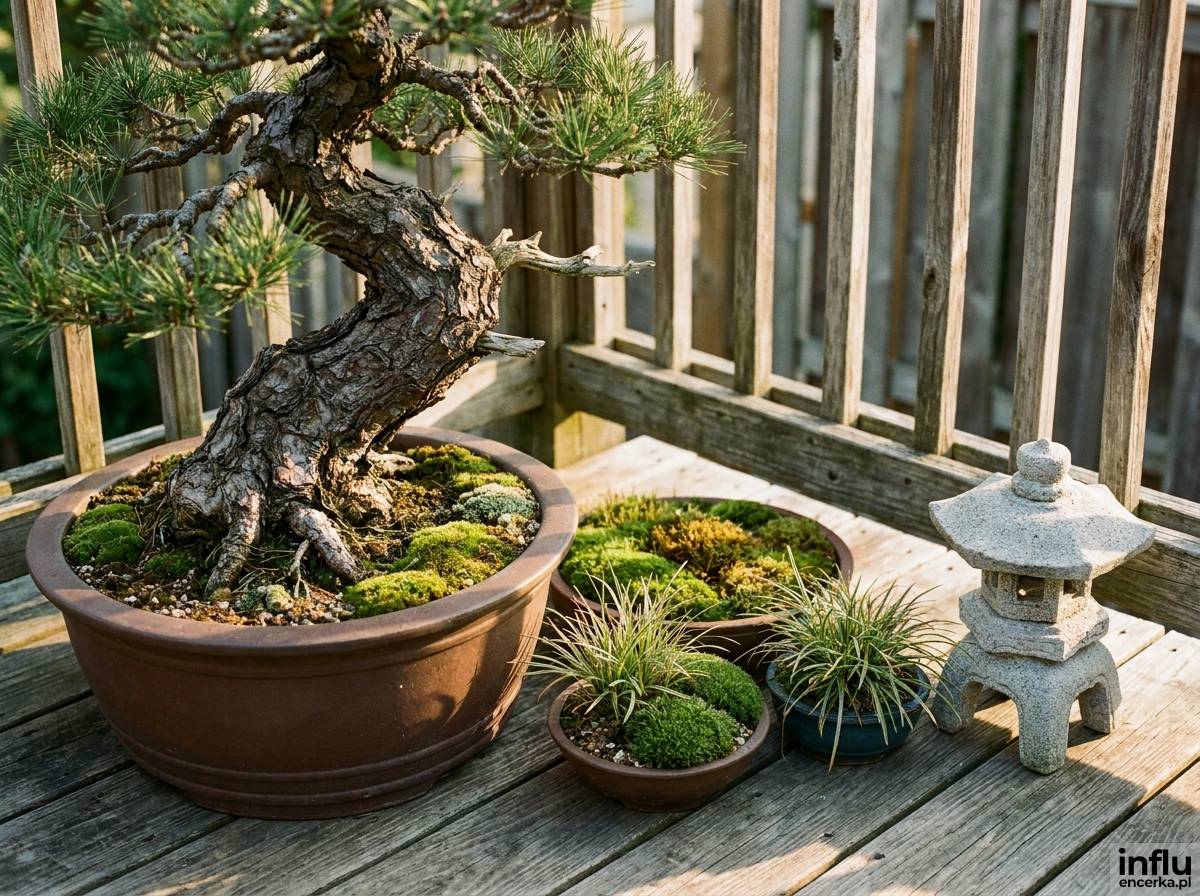 Miniaturowy ogród japoński w donicach na tarasie z drzewkiem bonsai i mini-latarnią