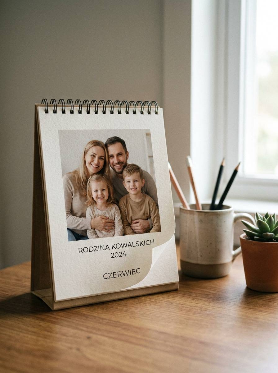 Personalizowany kalendarz z rodzinnymi zdjęciami jako dodatek do prezentu dla taty