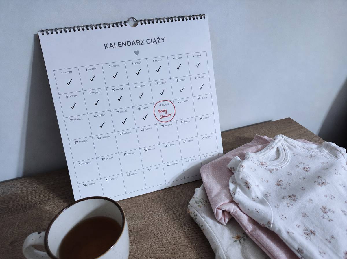 Kalendarz z zaznaczonym terminem baby shower w trzecim trymestrze ciąży