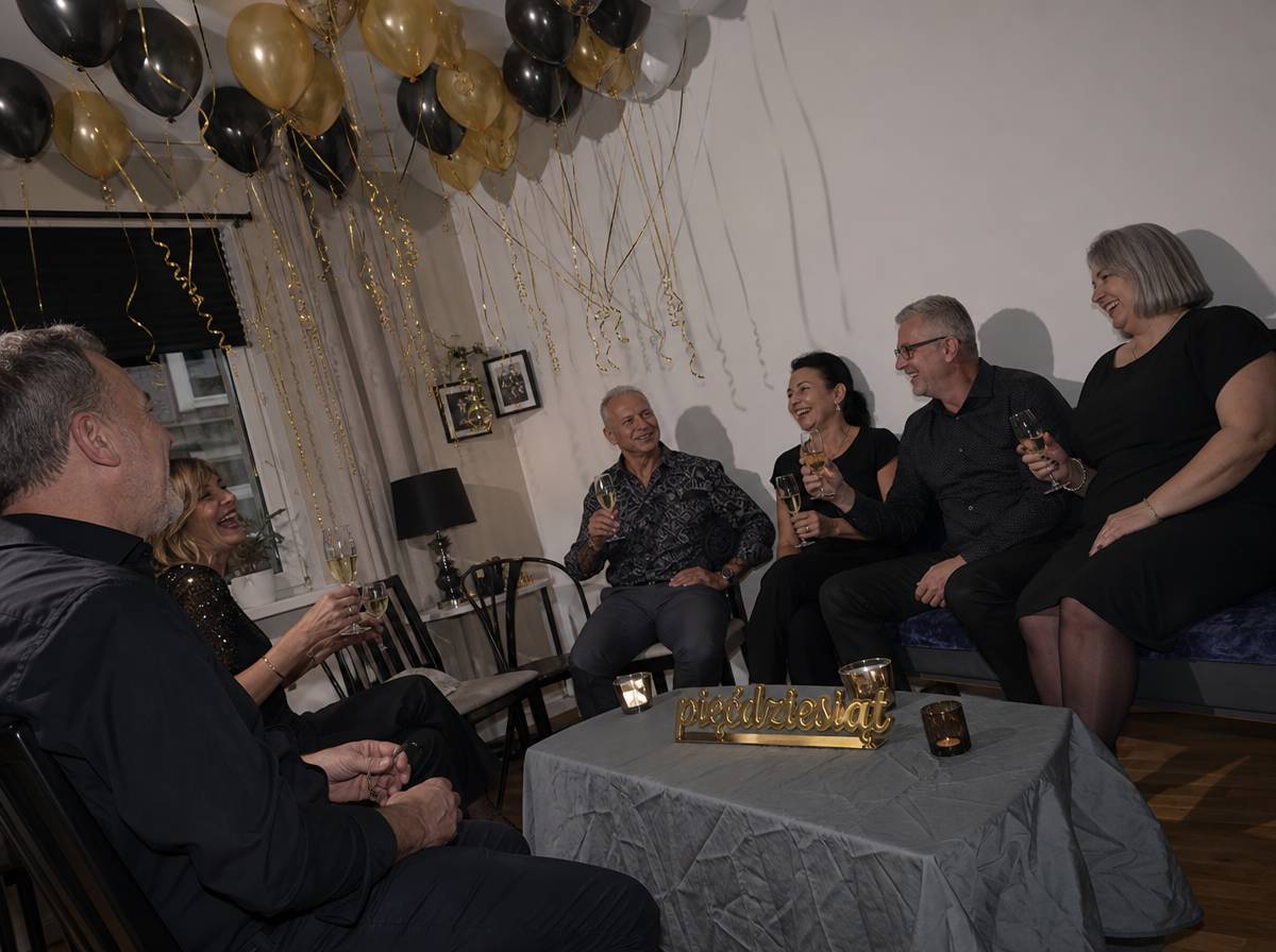 Kameralne przyjęcie 50 urodzin w salonie z balonami i gośćmi w średnim wieku