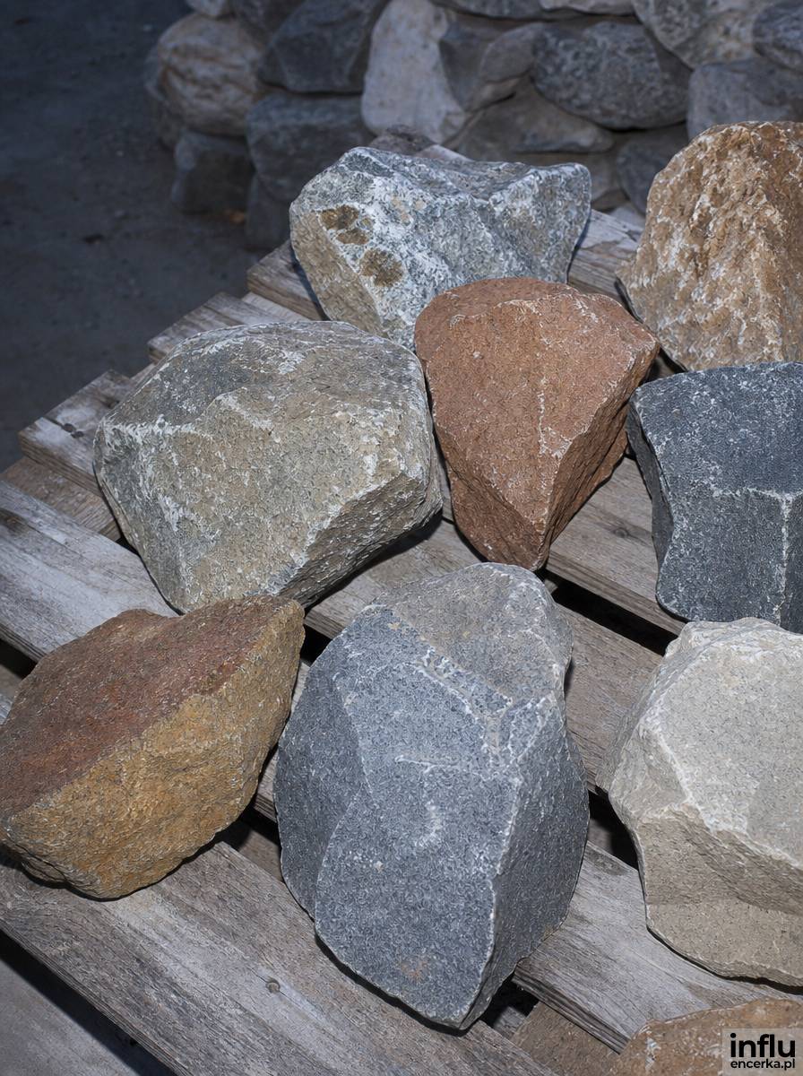 Nieregularne kamienie polne w różnych odcieniach szarości i beżu ułożone na palecie