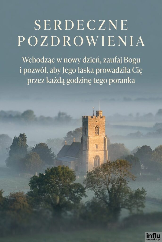 Kamienny kościół we mgle o świcie z napisem „Serdeczne pozdrowienia” na mglistym niebie.