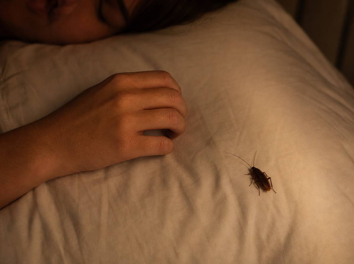 Karaluch na poszewce poduszki obok dłoni śpiącej osoby