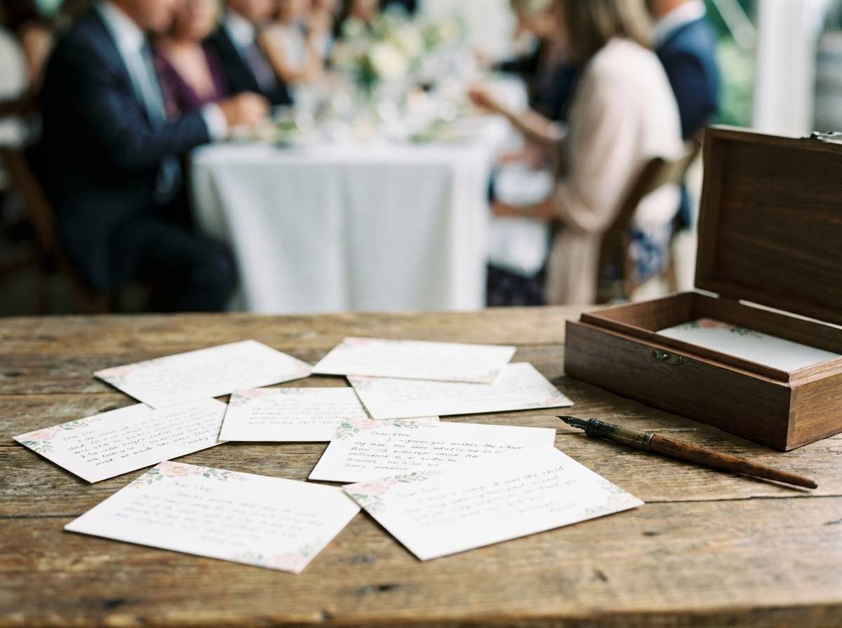 Ozdobne karteczki z życzeniami dla dziecka zebrane podczas konkursu na baby shower