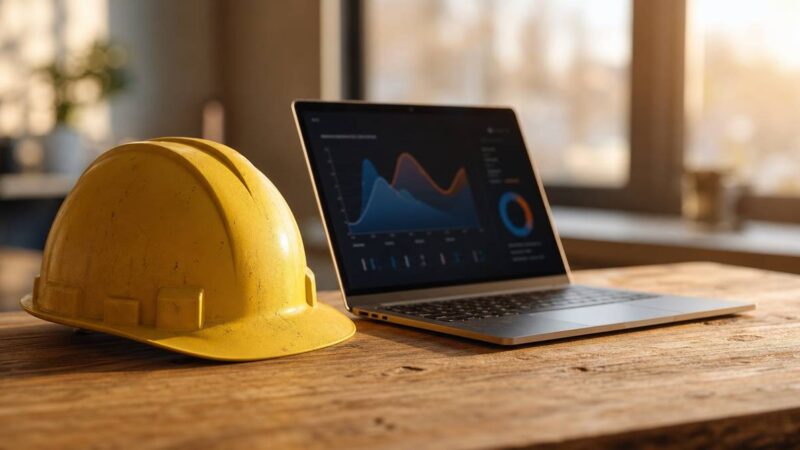 Kask ochronny i laptop na biurku symbolizujące przebranżowienie się i zmianę zawodu