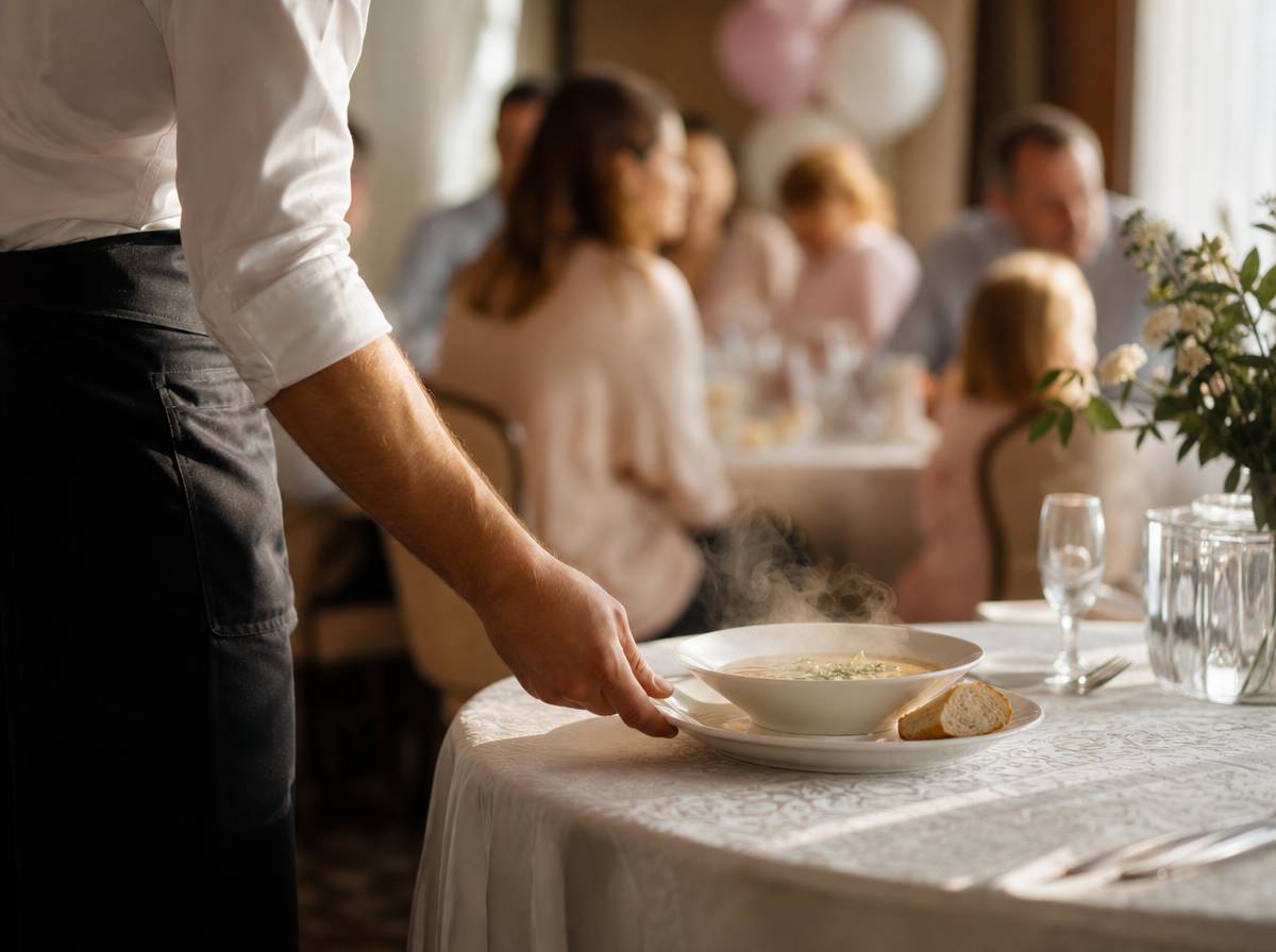 Kelner podający danie na chrzcinach organizowanych w restauracji