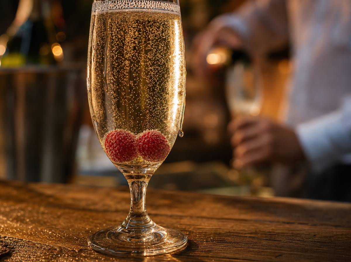 Kieliszek prosecco z malinami przy mobilnym barze weselnym