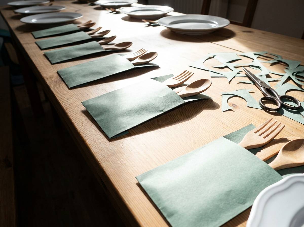 Papierowe kieszonki na sztućce w odcieniu zieleni na stole chrzcielnym
