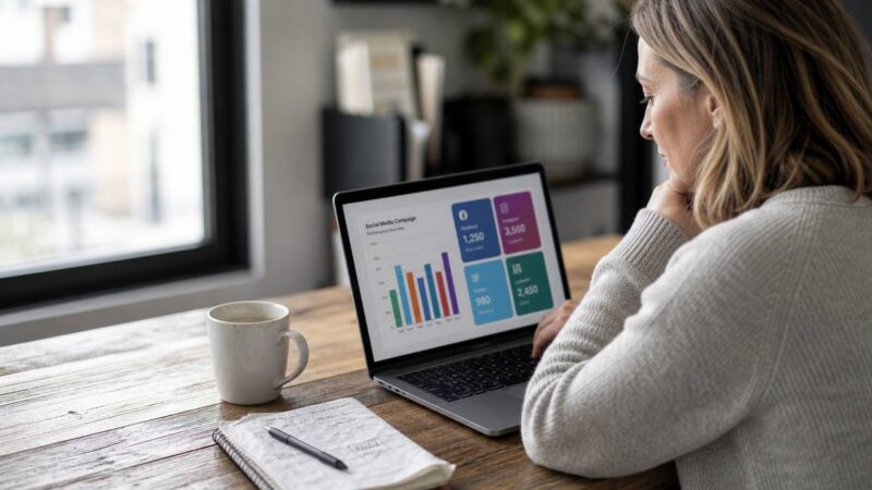 Kobieta analizuje wykresy kampanii reklamowej w social media na ekranie laptopa