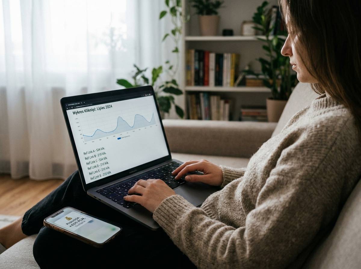 Kobieta sprawdza statystyki linków w marketingu afiliacyjnym online