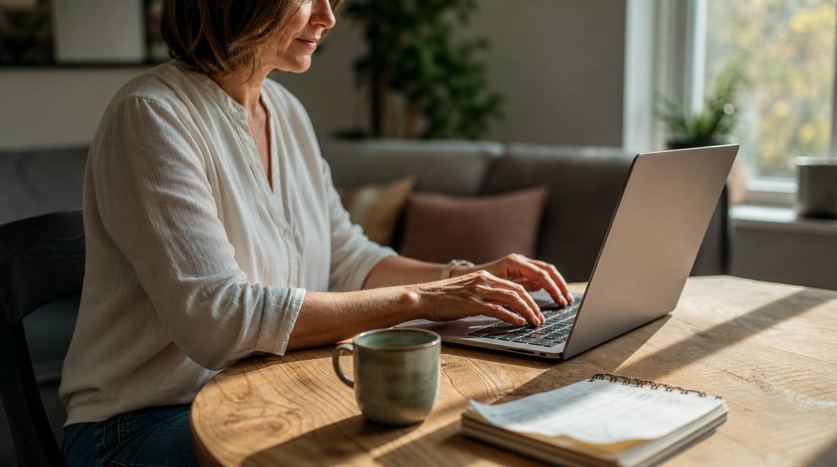Kobieta pracująca zdalnie w trybie home office przy biurku ustawionym bokiem do okna