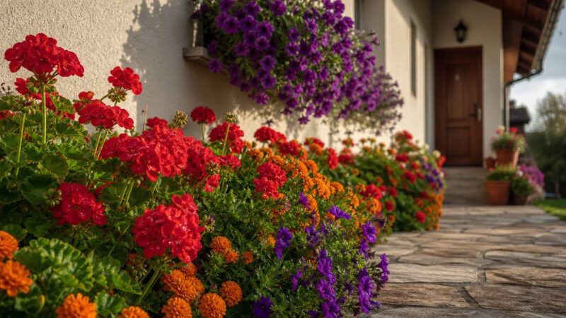 Kolorowa rabata z pelargonii i surfinii wzdłuż elewacji domu - inspiracja na kwiaty przed domem