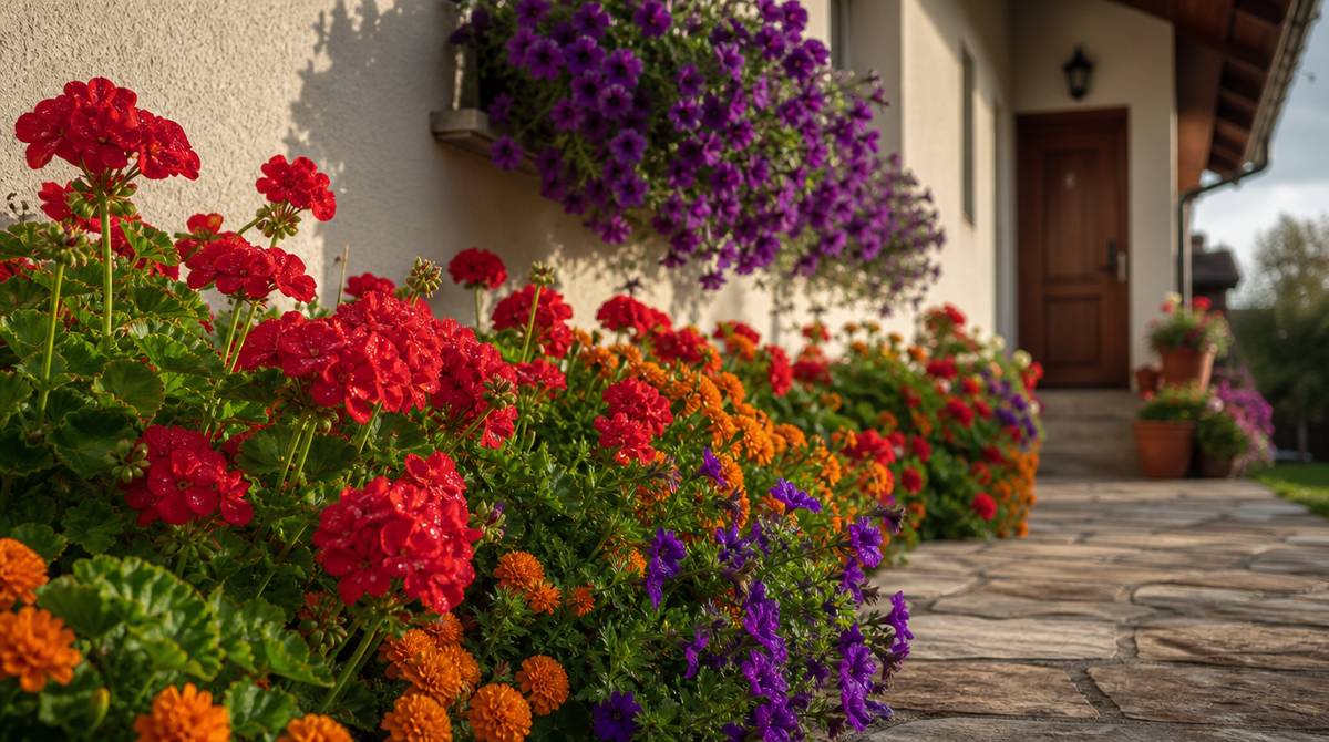 Kolorowa rabata z pelargonii i surfinii wzdłuż elewacji domu - inspiracja na kwiaty przed domem
