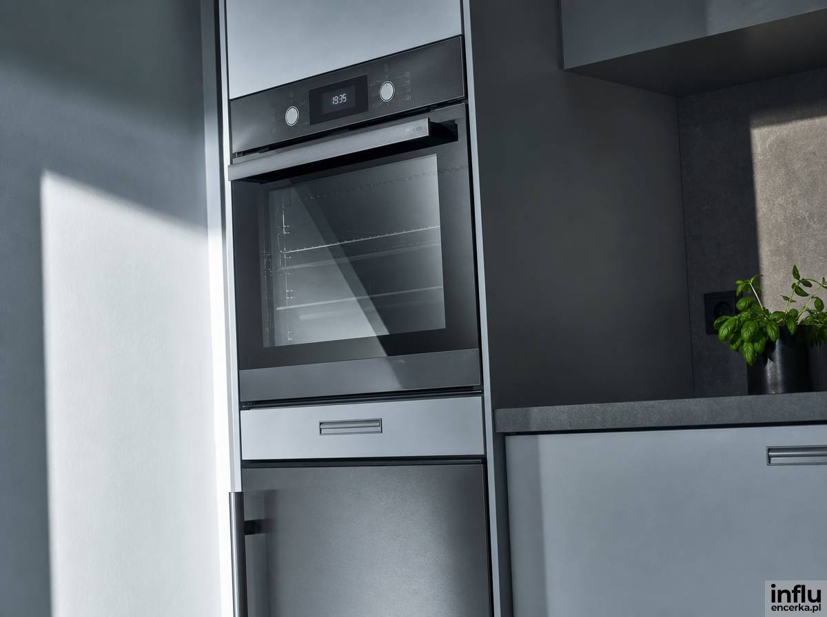Wysoka kolumna kuchenna z lodówką i piekarnikiem jeden nad drugim