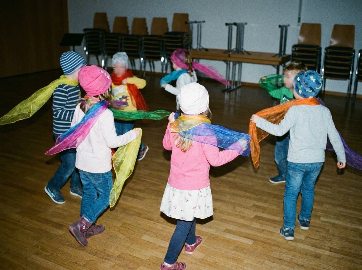 Dzieci tańczące w kolorowych szarfach podczas konkursu na weselu
