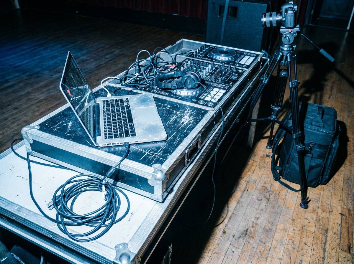 Konsola DJ-a i sprzęt nagłośnieniowy przygotowane do koordynacji niespodzianki na weselu