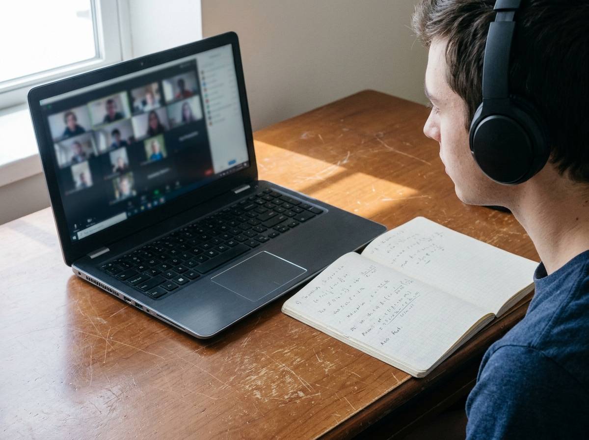 Korepetytor prowadzi lekcję online przy laptopie z notatkami matematycznymi