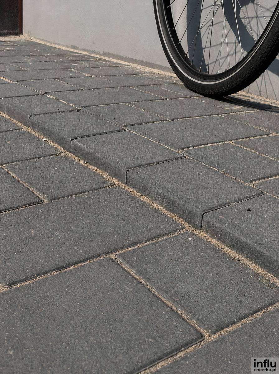 Fragment chodnika z kostki betonowej o różnej grubości przy przejściu w podjazd