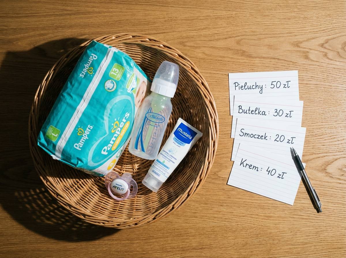 Koszyk z produktami dla niemowląt do zabawy w szacowanie cen na baby shower