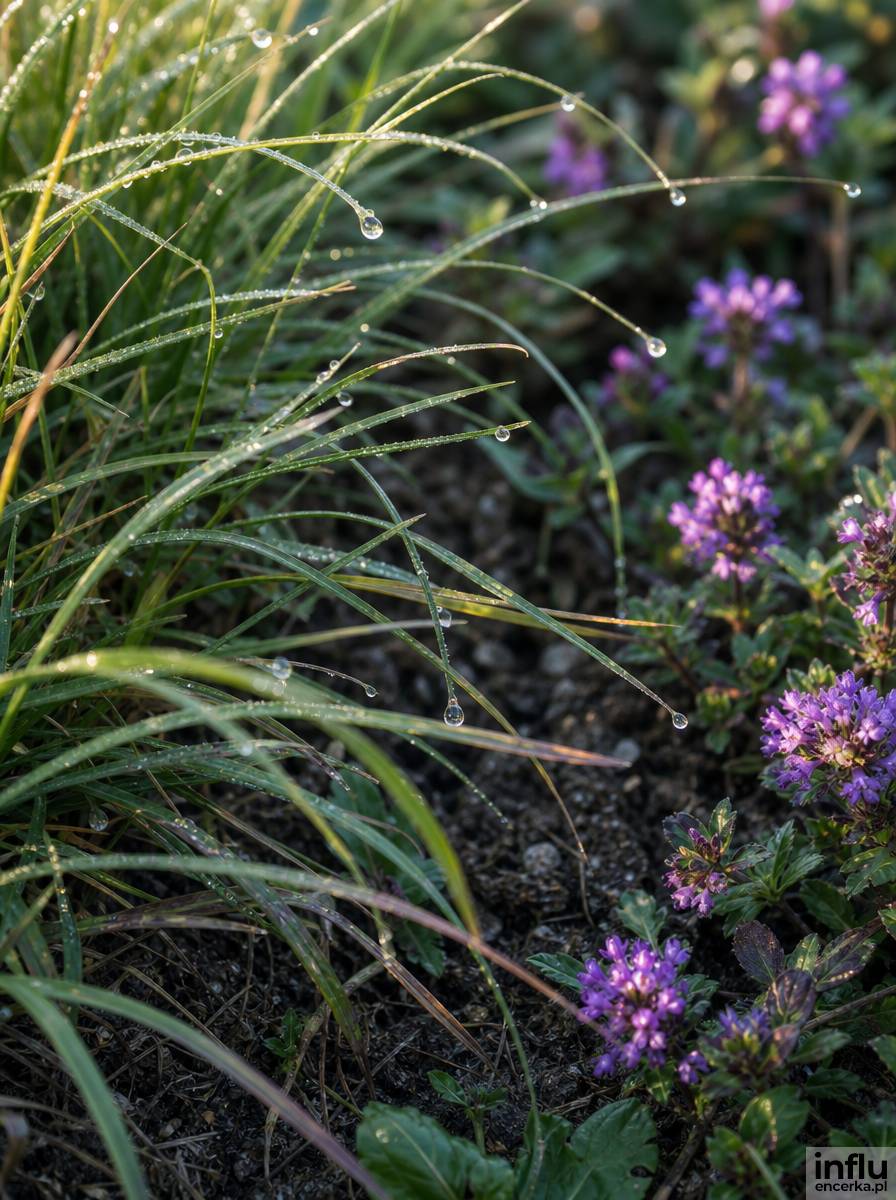 Krople rosy na trawach ozdobnych w naturalistycznej kompozycji ogrodowej