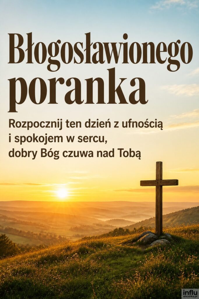 Drewniany krzyż na wzgórzu o poranku z napisem „Błogosławionego poranka" na jasnym niebie.