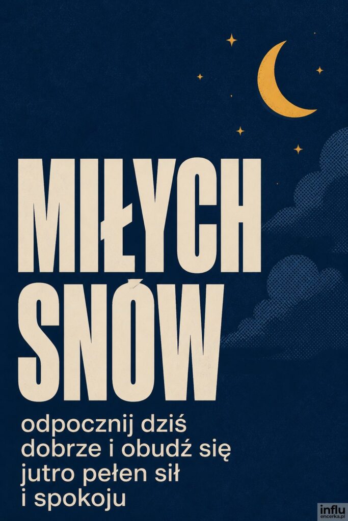 Sitodrukowy sierp księżyca z gwiazdami w granacie i musztardzie z napisem „MIŁYCH SNÓW”.