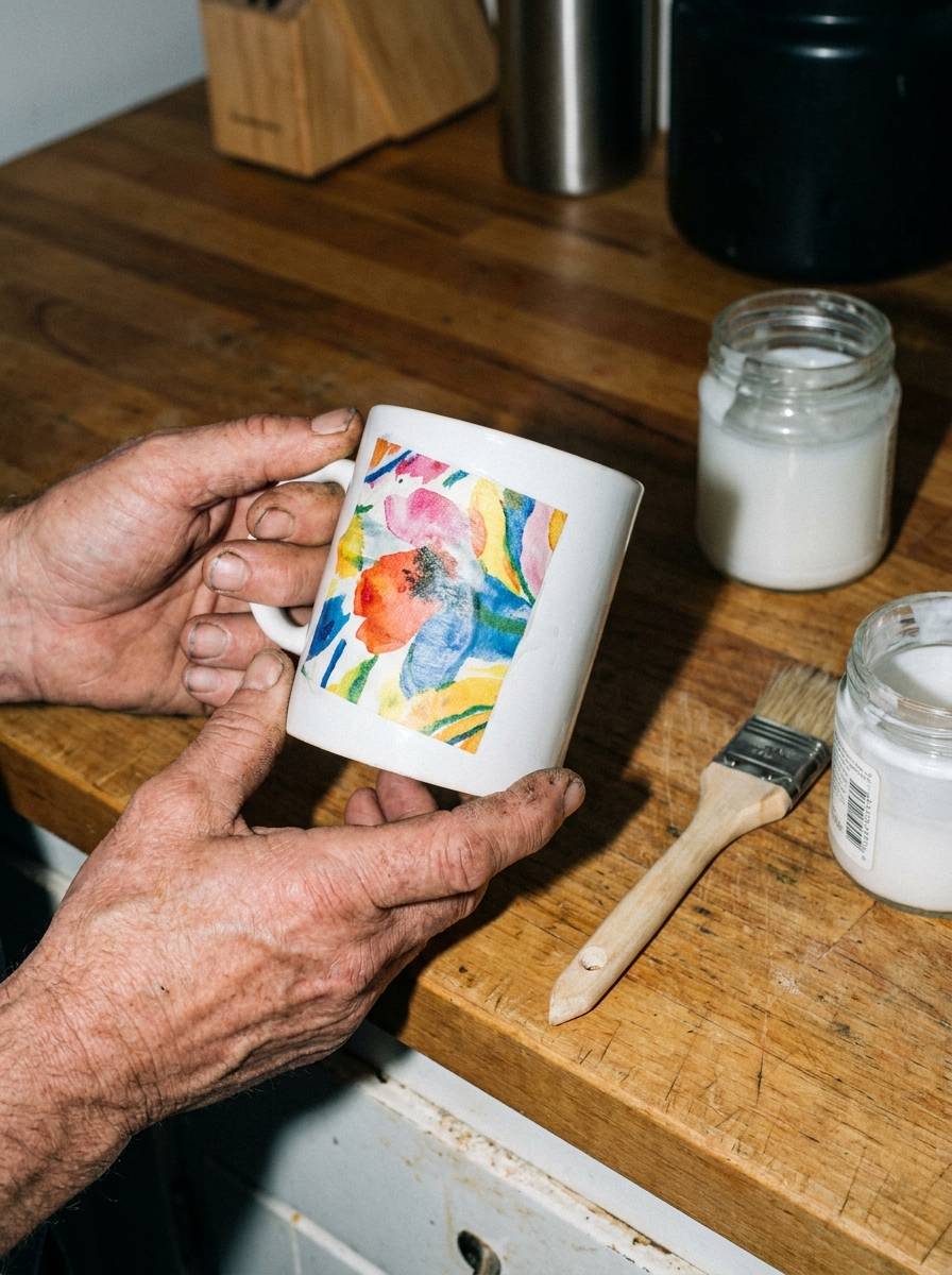 Kubek do kawy ozdobiony techniką decoupage jako prezent dla taty