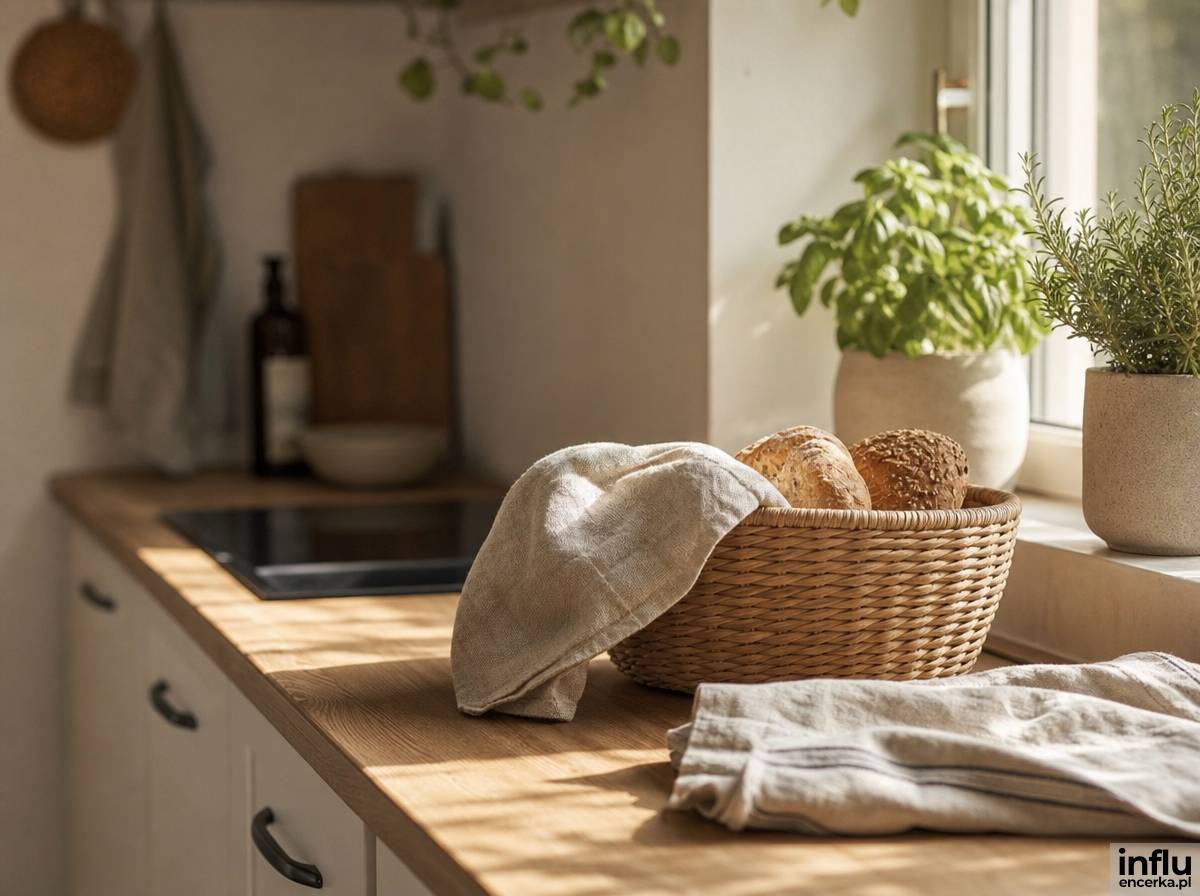 Kuchnia w stylu boho z naturalnymi fakturami i ziołami na parapecie