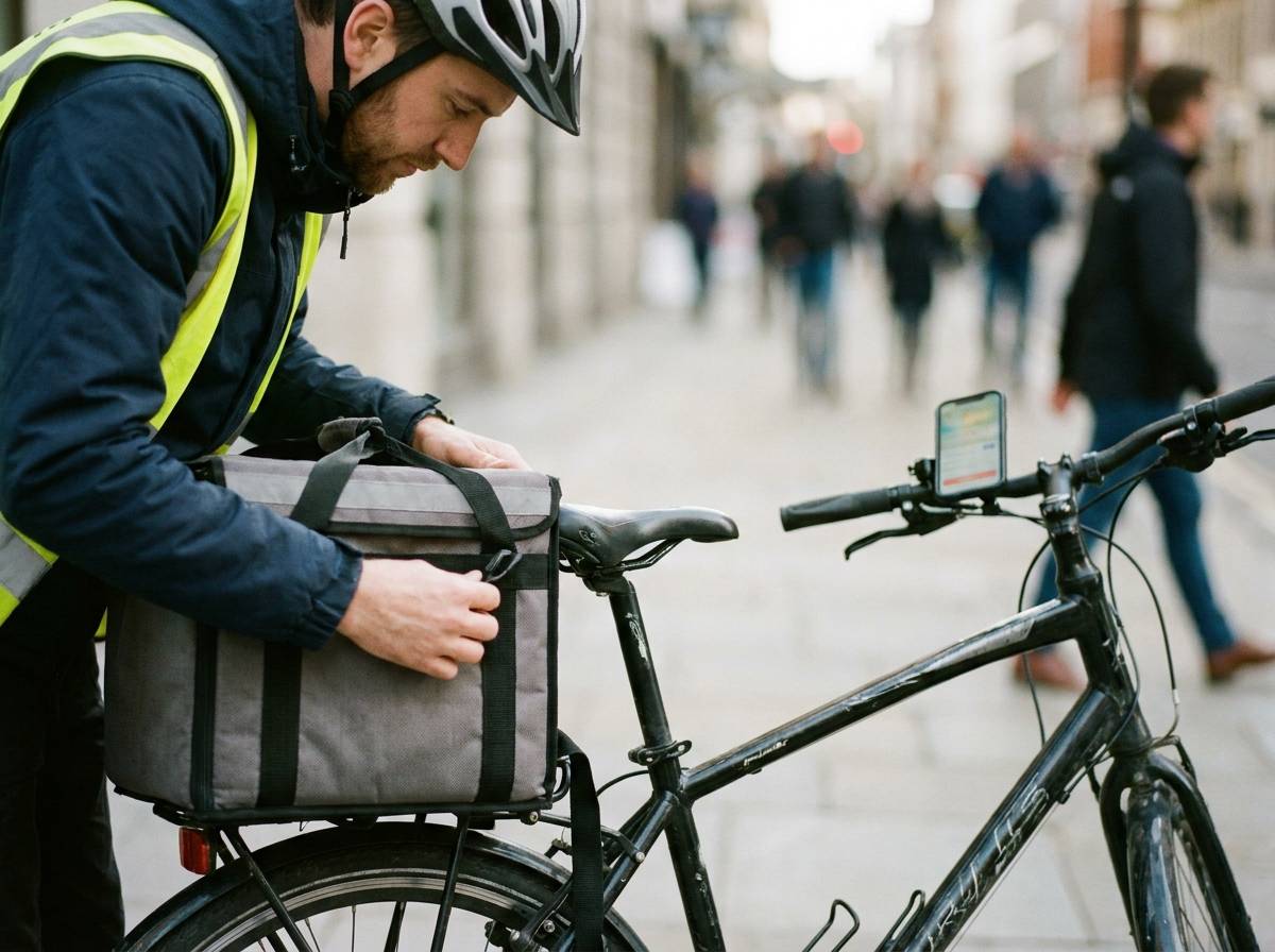 Kurier mocuje termiczną torbę dostawczą do roweru przed rozpoczęciem zleceń