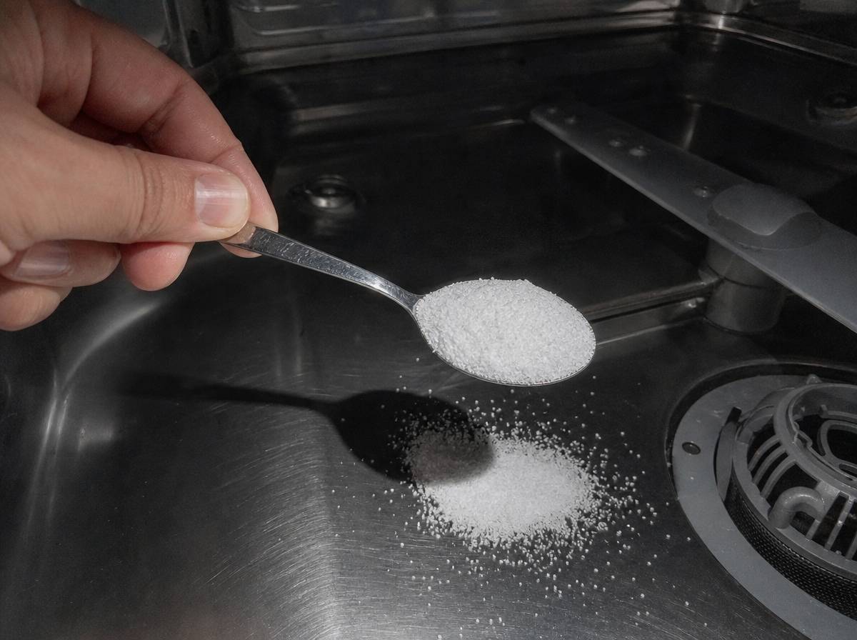 Wsypywanie kwasku cytrynowego łyżką na dno pustej zmywarki