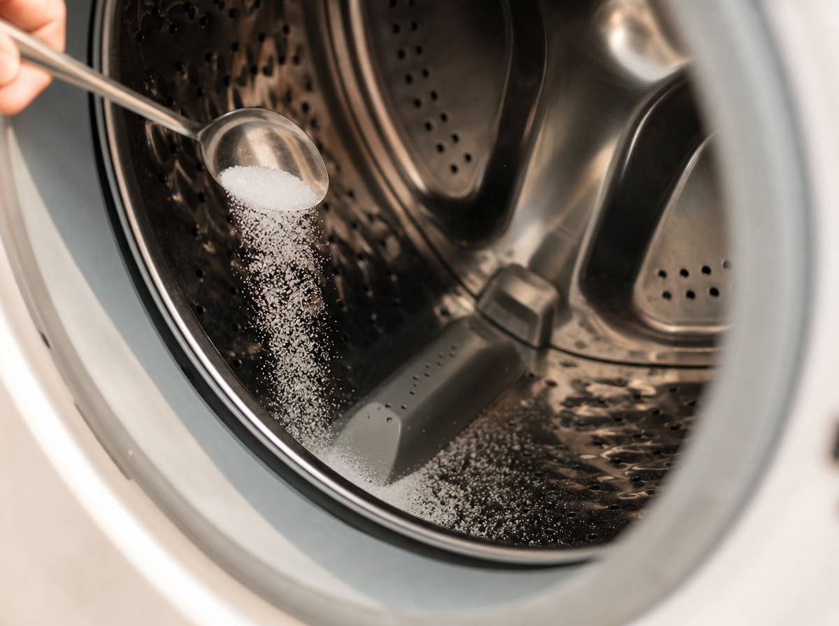 Wsypywanie kwasku cytrynowego do bębna pralki metodą odkamieniania
