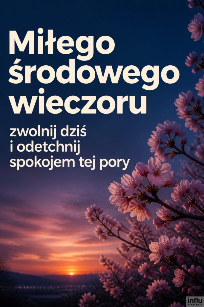 Kwitnące gałęzie o wiosennym zmierzchu z nagłówkiem „Miłego środowego wieczoru”.