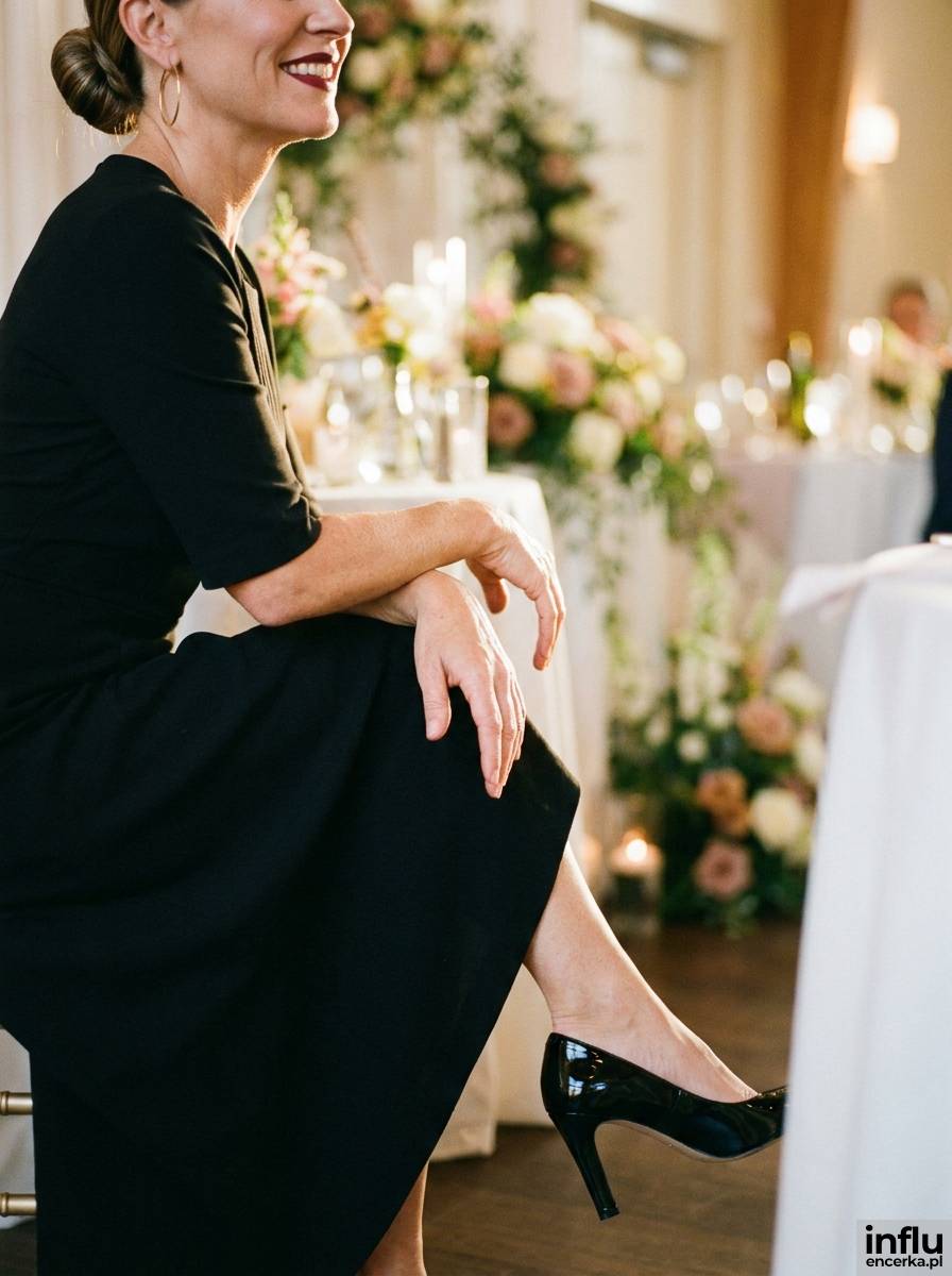 Lakierowane czarne czółenka w total looku do czarnej sukienki