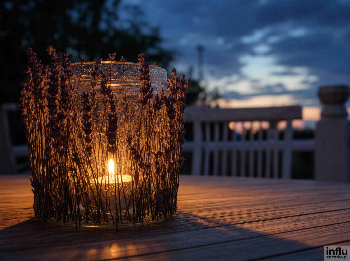 Lampion oklejony gałązkami lawendy stojący na tarasie o zmierzchu