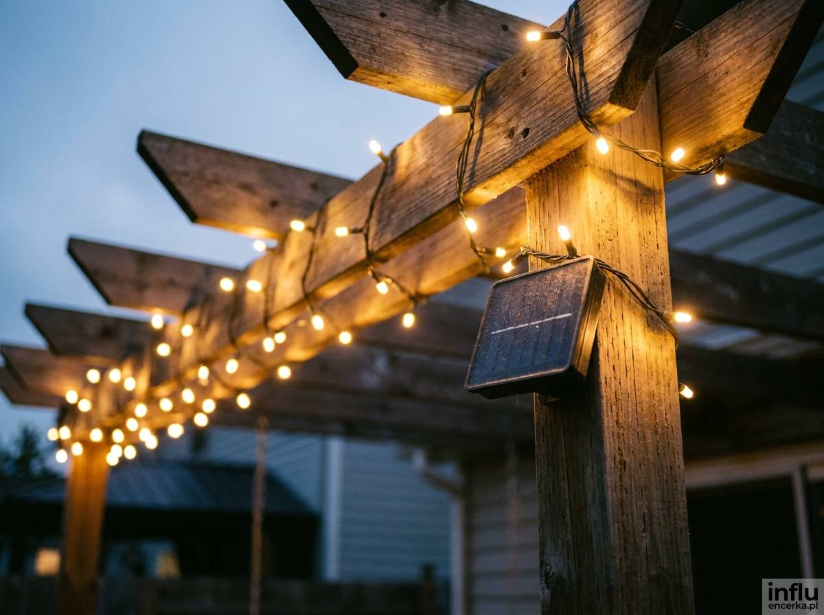 Girlanda lampek solarnych LED owinięta na konstrukcji pergoli tarasowej
