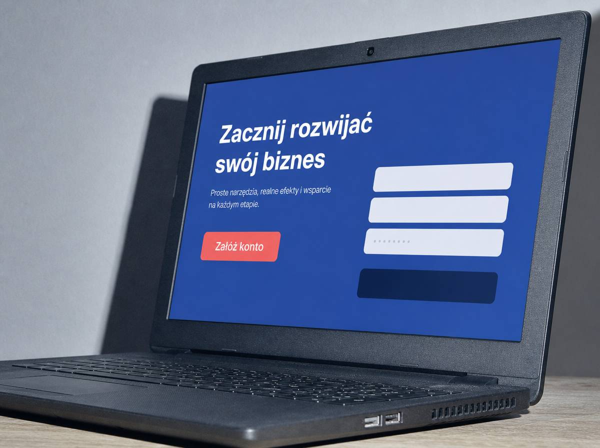 Ekran laptopa z widokiem prostej strony typu landing page z przyciskiem wezwania do działania