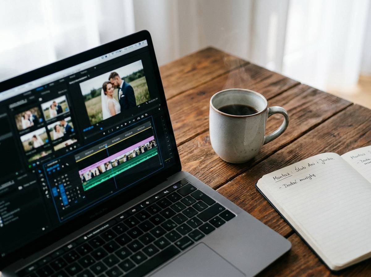 Laptop z montażem żartobliwego teledysku o historii związku pary młodej
