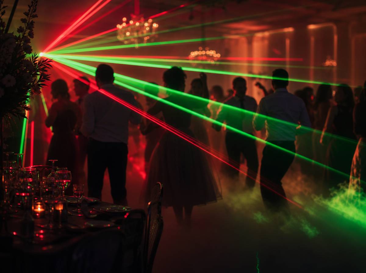 Pokaz laserowy nad parkietem podczas wesela w sali