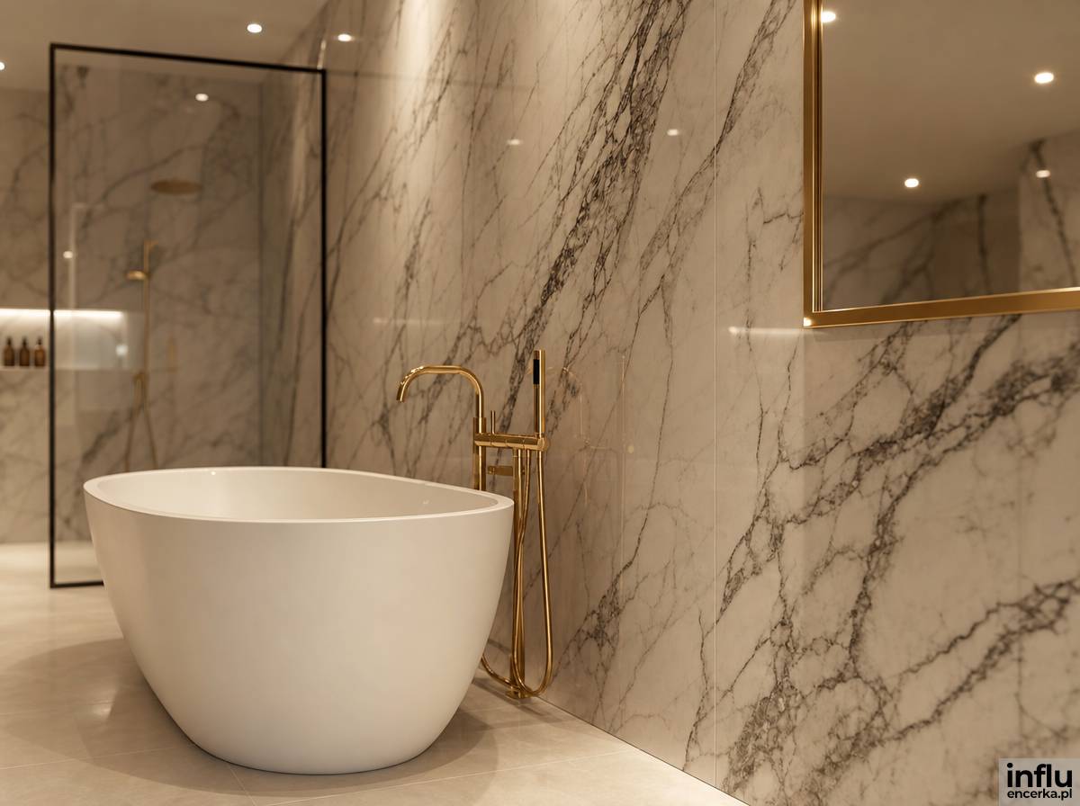 Marmurowa łazienka glamour z wanną wolnostojącą i złotą armaturą