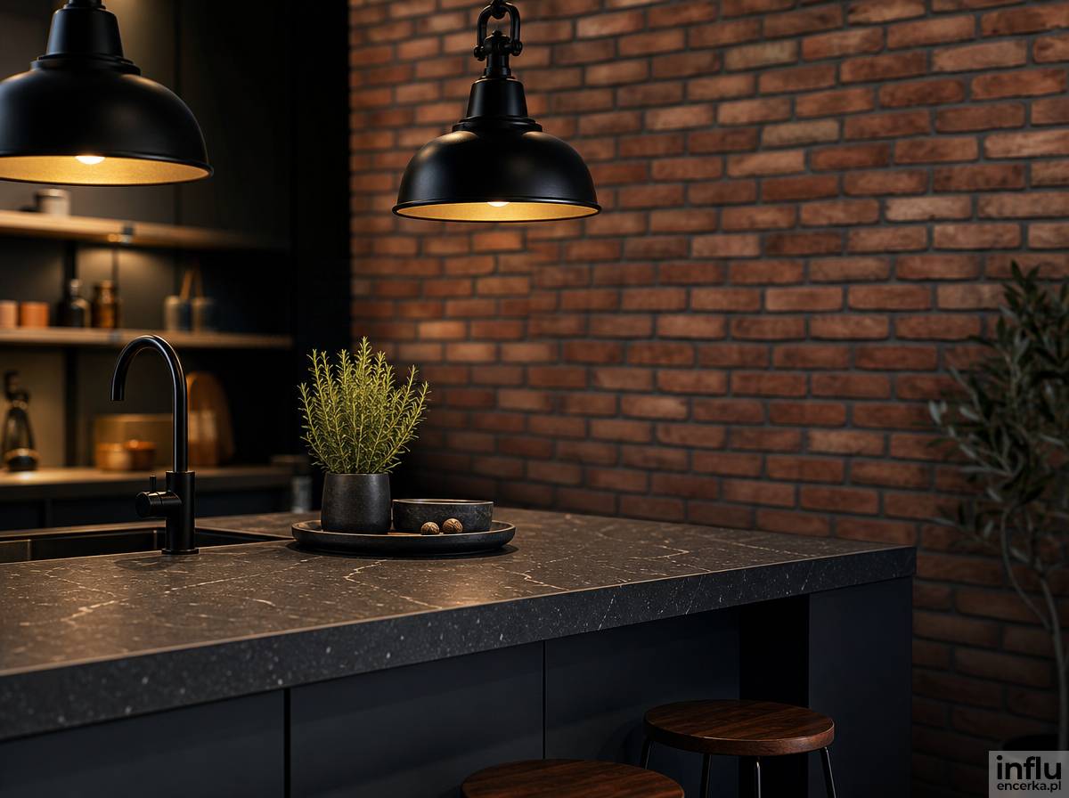 Industrialna kuchnia w stylu loft z antracytowym blatem i metalowymi lampami