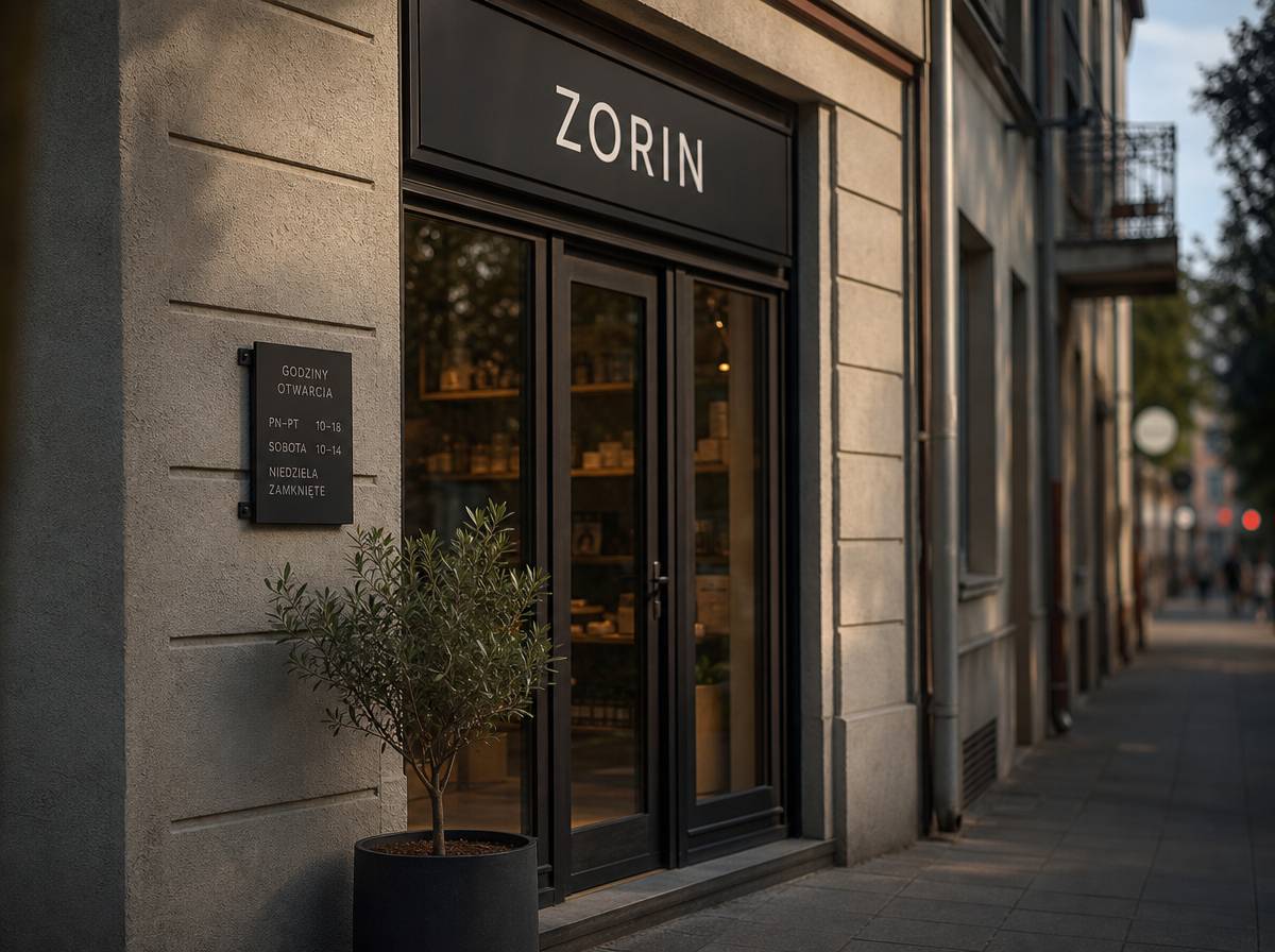 Wejście do lokalu stacjonarnego z szyldem i godzinami otwarcia dla profilu firmy w Google