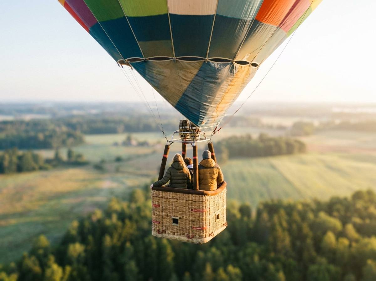 Lot balonem nad okolicą jako pomysł na rocznicę ślubu o wschodzie słońca