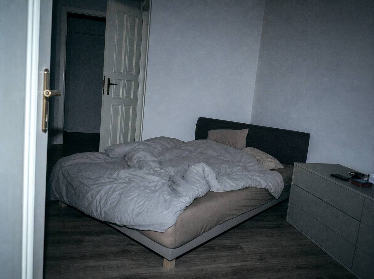 Łóżko ustawione po przekątnej względem drzwi, poza ich bezpośrednią osią