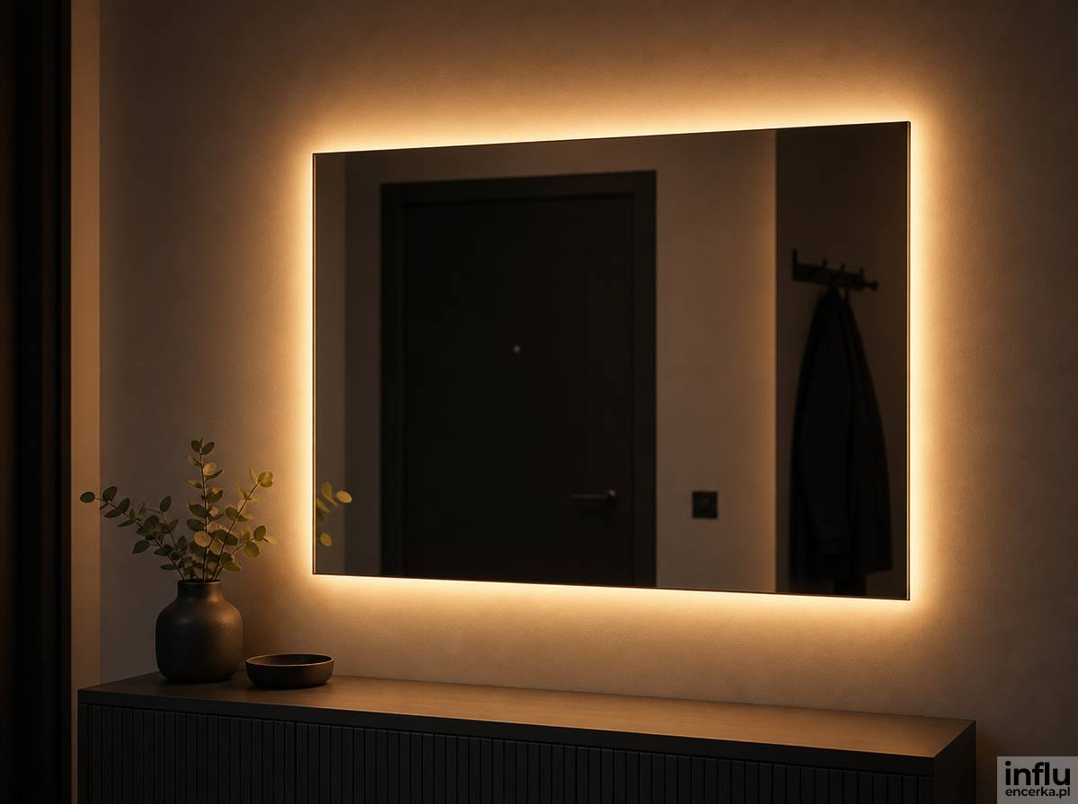 Lustro z podświetleniem LED nad komodą w ciemnym przedpokoju