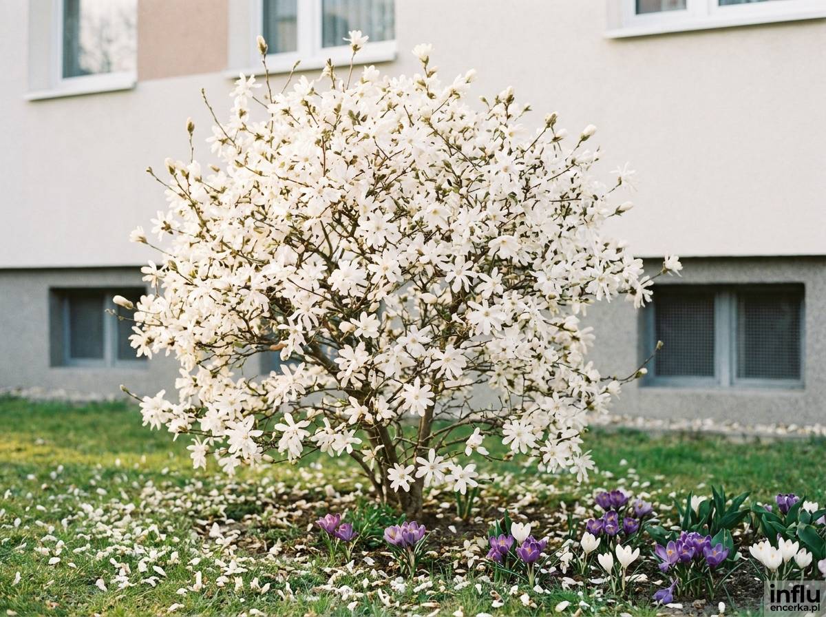 Magnolia jako pojedynczy akcent w niewielkim ogródku przy bloku