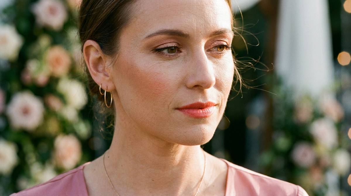 Makijaż do różowej sukienki na wesele z cieniami rose gold i koralowymi ustami