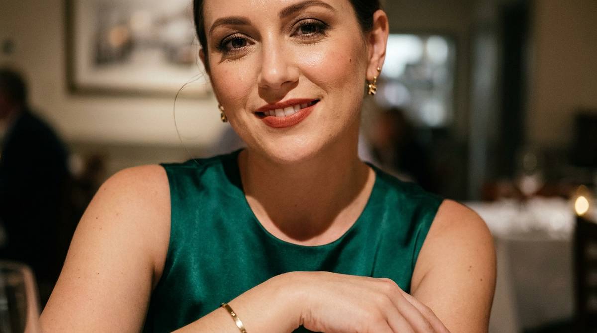 Kobieta w eleganckiej sukience z wieczorowym makijażem na urodziny w odcieniach brązu i cegły