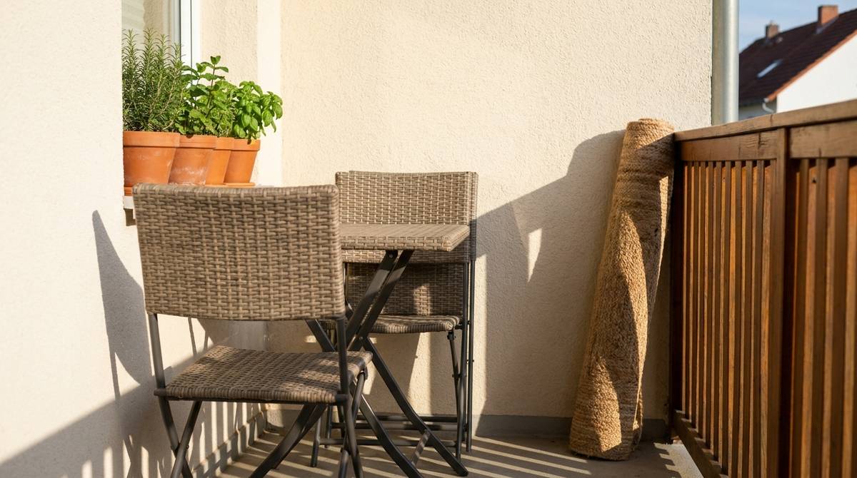 Mały taras z kompaktowymi meblami i donicami ziół jako inspiracja aranżacji
